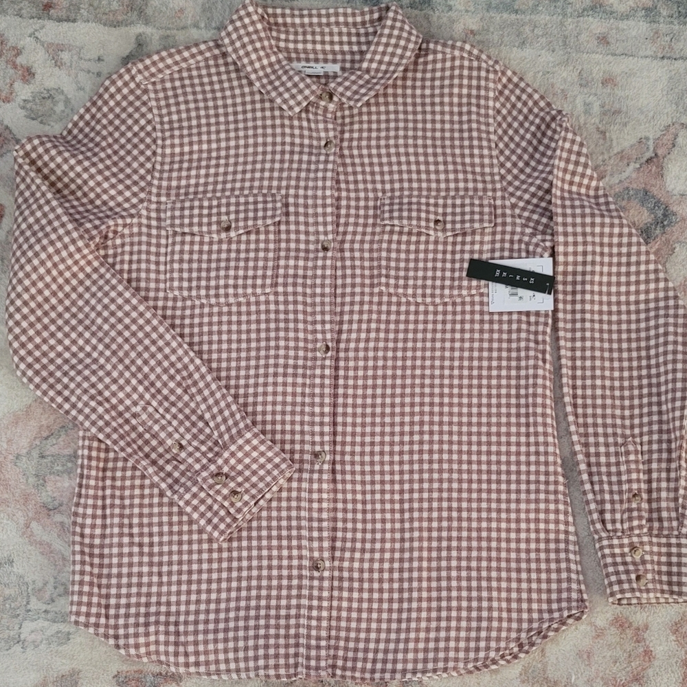 NWT Women's O'neill long sleeve brown and cream Nash flannel Med. Fitted